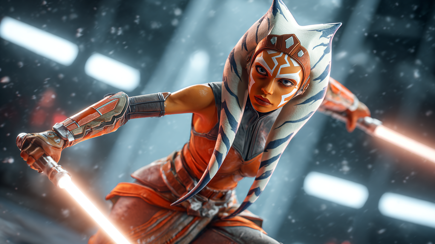 Ahsoka walczy dwoma białymi mieczami